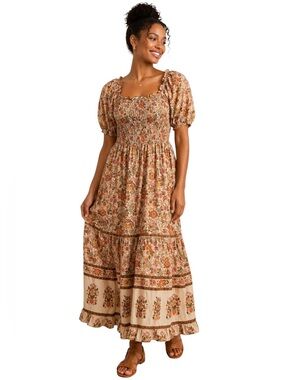 KINDRED Boho Floral Maxi Dress Smocked Waist Puff Sleeve Rayon Women’s Size XL